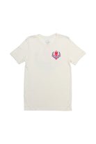 The Eternal Flame Tee is made from soft Airlume cotton, showcasing a vibrant emblem on the left chest against a crisp white backdrop.