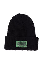 Black Lumberjack Beanie featuring a green patch labeled "Cali Bear" on the cuff, infusing a hint of San Franpsycho flair.