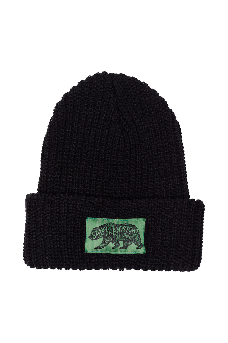 Black Lumberjack Beanie featuring a green patch labeled "Cali Bear" on the cuff, infusing a hint of San Franpsycho flair.