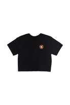 This women's fashion piece, the Sunny Crop Top, is a black embroidered crop top showcasing delicate circular floral embroidery reminiscent of Ferris Plock artwork.