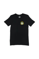 The Surf Trip Tee is a unisex black T-shirt with a small graphic and yellow text on the chest, made from 100% Airlume cotton. It's ideal for capturing the surf trip vibe!