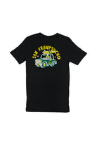 Unisex black Surf Trip Tee showcasing a cartoon taxi and San Franpsycho text on the back, designed with 100% Airlume cotton for supreme comfort. Ideal for your next surf trip or casual outing.