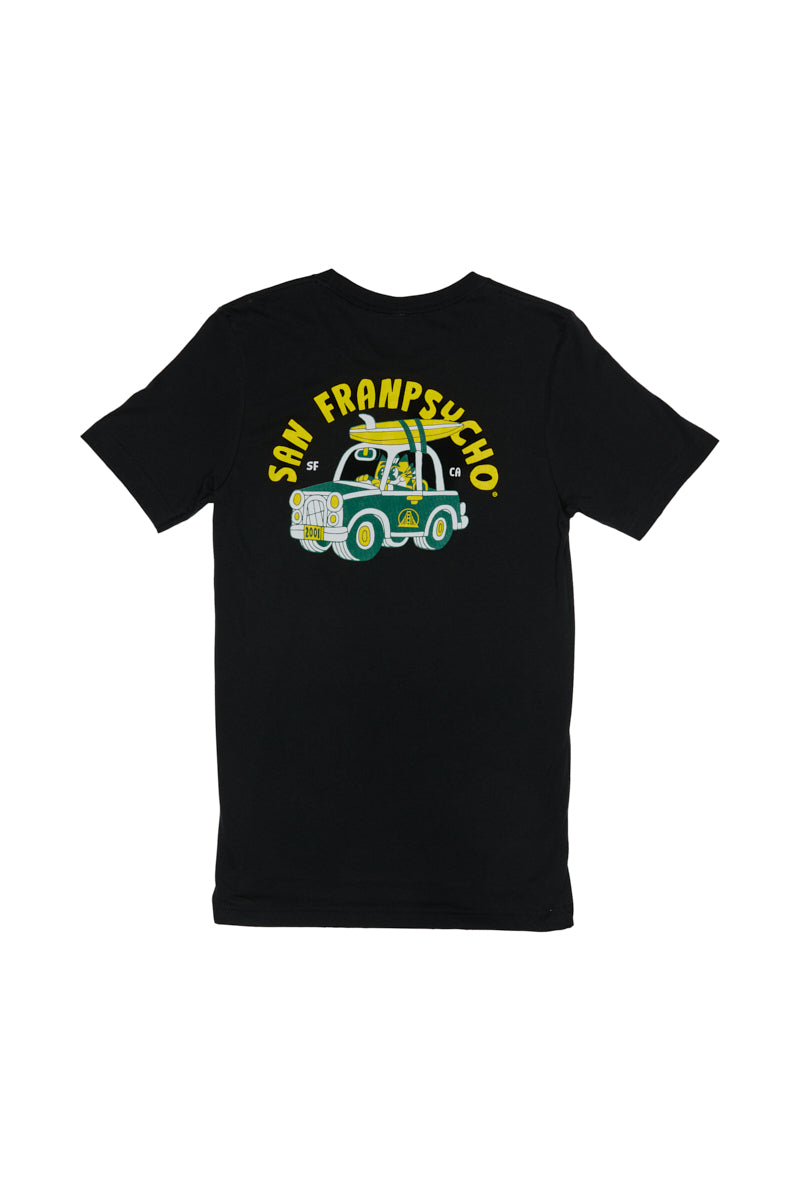 Unisex black Surf Trip Tee showcasing a cartoon taxi and San Franpsycho text on the back, designed with 100% Airlume cotton for supreme comfort. Ideal for your next surf trip or casual outing.