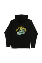 The Surf Trip Pullover Hoodie is a unisex black hoodie made from a cozy poly/cotton blend, featuring a cartoon car and "San Franpsycho" text on the back. It's perfect for your next surf trip!