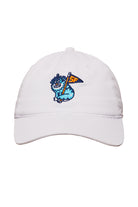 Kitty Poof Dad Hat featuring a blue cartoon character holding an SF flag embroidered on the front, complete with an adjustable back for a comfortable fit.