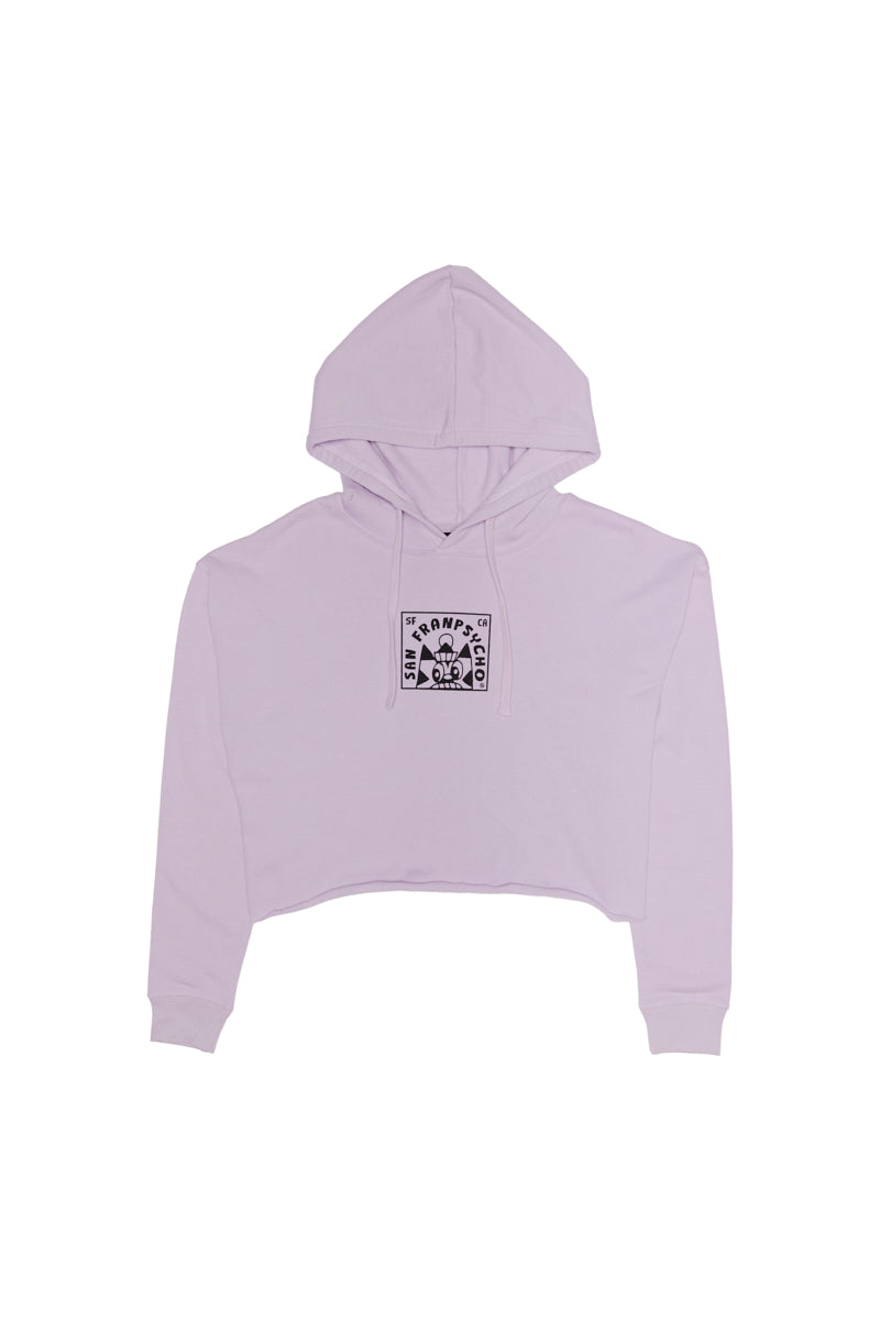 Lavender Cat Stamp Crop Hoodie for women featuring bold black and white cat artwork by Ferris Plock on the front, set against a white background.