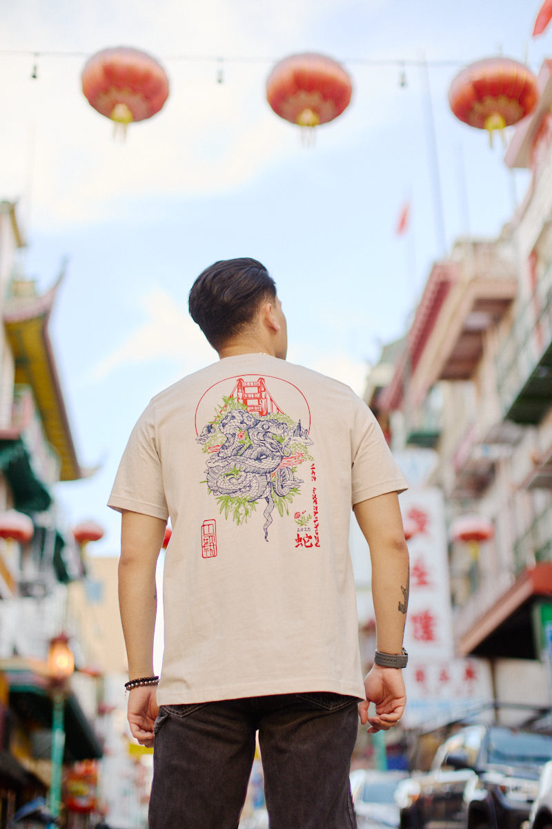 Wearing a unisex Year of the Snake tee on a vibrant street with lanterns and buildings, one showcases the comfort and style of Airlume cotton.