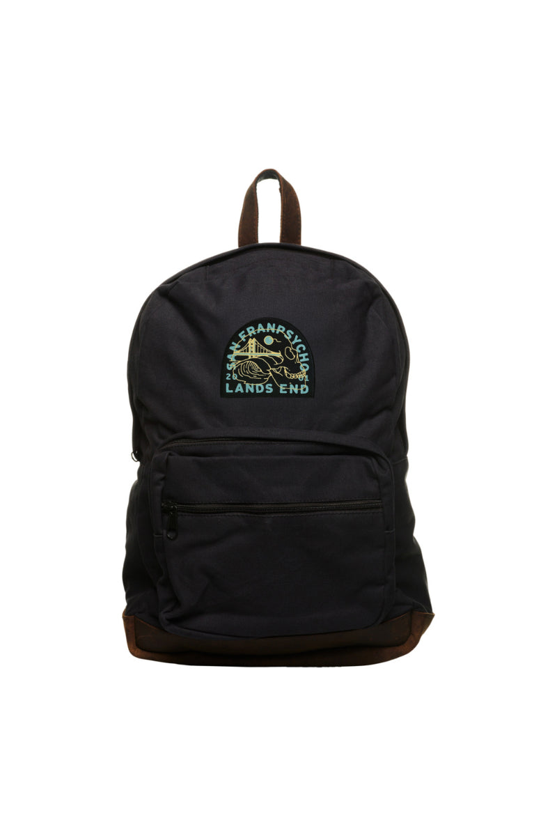 Black backpack with a Lands End patch design and bridge motif on the front pocket, accented by leather trims.