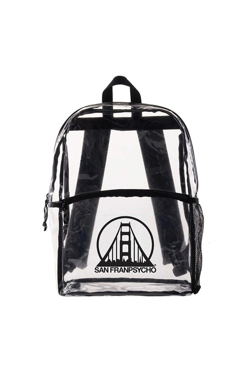 The Clear Backpack w/ SFP Logo is ideal for festivals, boasting black straps and a convenient mesh side pocket.