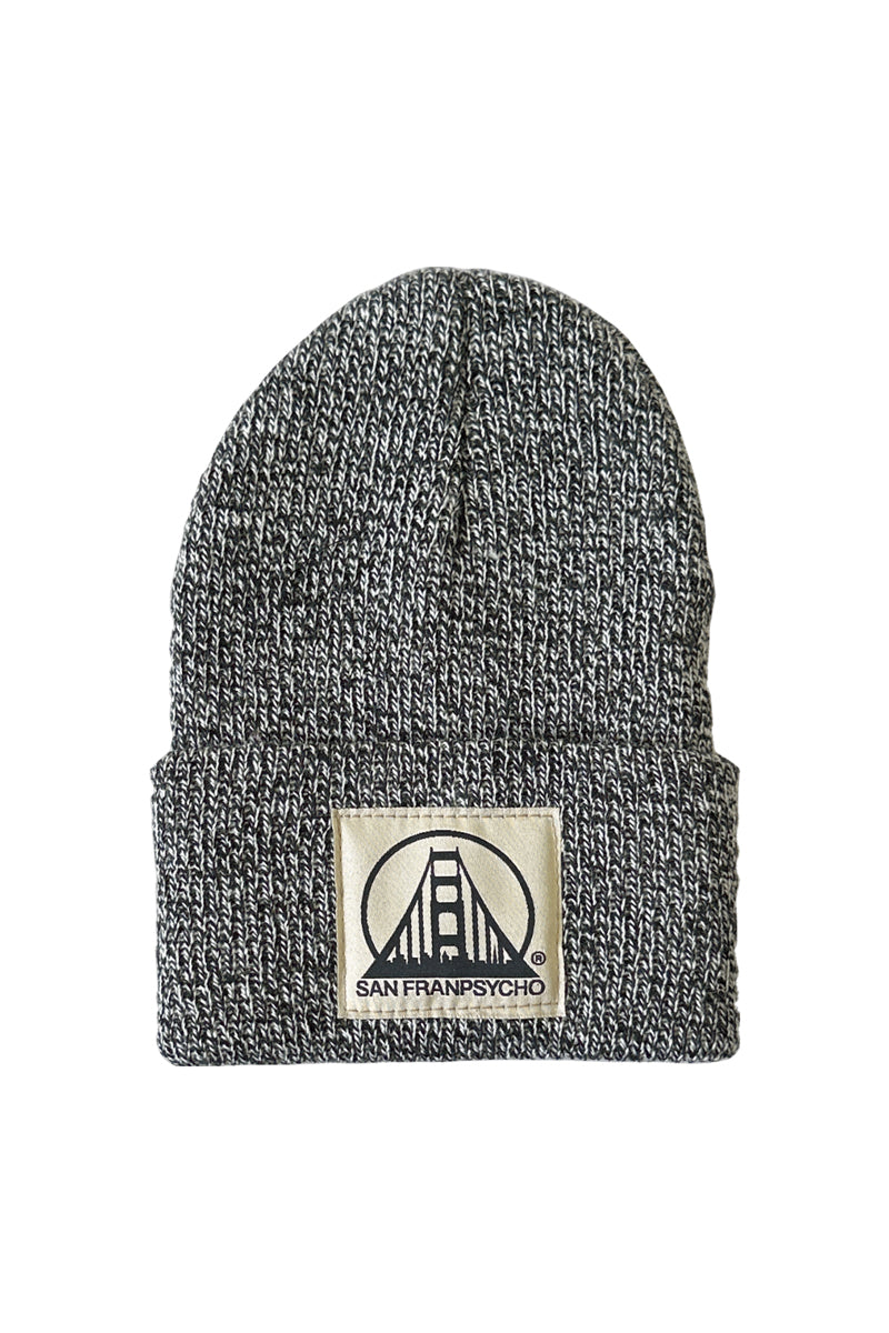 Zebra Baby Beanie featuring a natural/black San Franpsycho logo design with a bridge and sun.