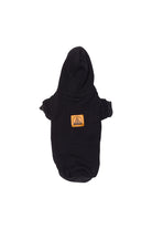 Trendy black dog hoodie with a cozy hood and an orange logo patch on the back to keep your furry friend warm and stylish.