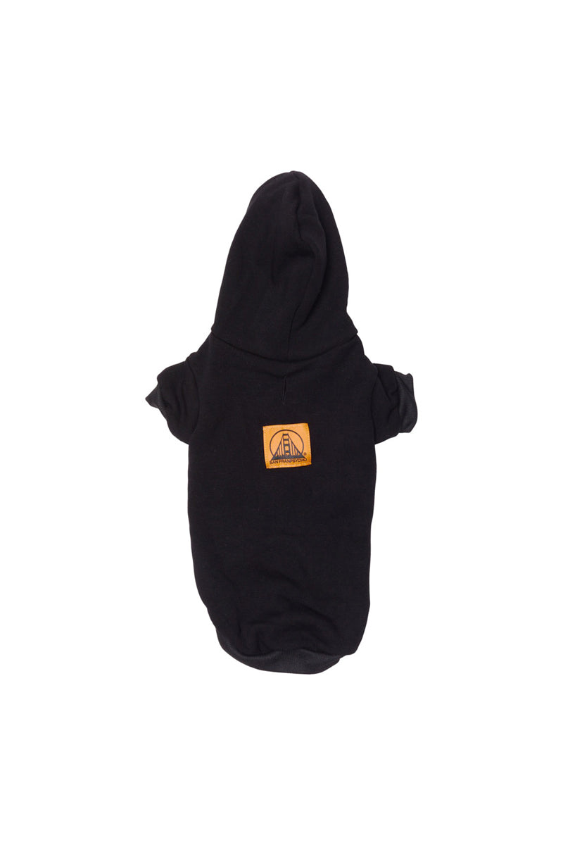 Trendy black dog hoodie with a cozy hood and an orange logo patch on the back to keep your furry friend warm and stylish.