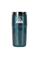 The SFP Logo Tumbler is a dark green, vacuum insulated travel mug featuring a silver rim and a white bridge logo with the text San Franpsycho.