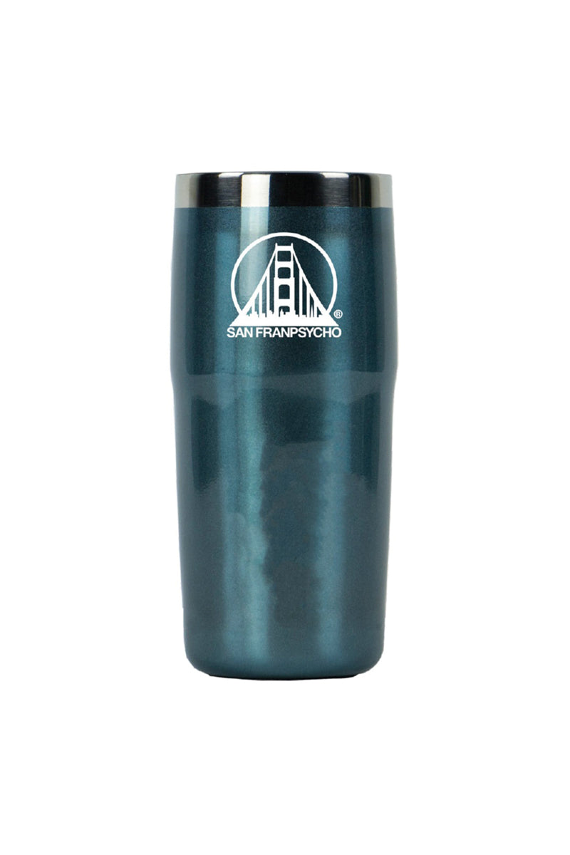 The SFP Logo Tumbler is a dark green, vacuum insulated travel mug featuring a silver rim and a white bridge logo with the text San Franpsycho.