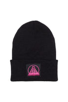 The Black Kids Beanie w/ Black/Pink Logo is made from 100% acrylic and features a pink San Franpsycho logo patch on the front fold.