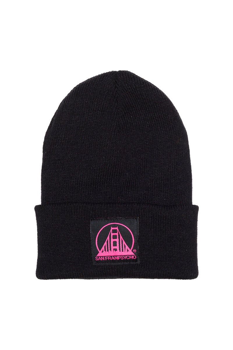 The Black Kids Beanie w/ Black/Pink Logo is made from 100% acrylic and features a pink San Franpsycho logo patch on the front fold.