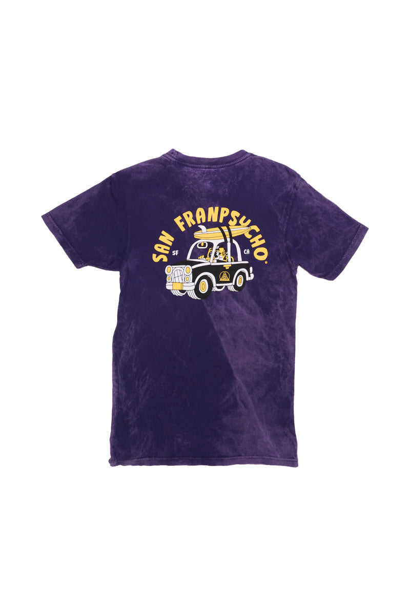 The Surf Trip Tee - Purple is a unisex T-shirt featuring a trolley graphic and San Franpsycho text on the back, enhanced with Ferris Plock artwork for art enthusiasts.