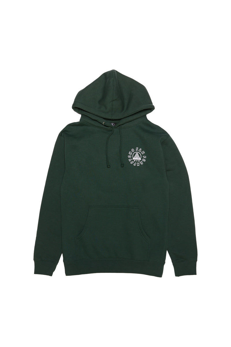 The Battle Cat Pullover Hoodie is a unisex green hoodie made from a poly/cotton blend. It has a small white graphic on the left chest, a front pocket, and drawstring hood, all hand printed for uniqueness.
