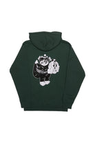 The Battle Cat Pullover Hoodie in dark green is a unisex design crafted from a comfy poly/cotton blend. It showcases a hand-printed black and white cartoon graphic of a creature with a mask on the back.