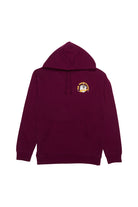 The unisex Surf Trip Pullover Hoodie in maroon has a front pocket and a vibrant, hand-printed embroidered logo on the chest, making it perfect for your next surf adventure.