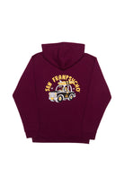 The Surf Trip Pullover Hoodie in maroon features a hand-printed cartoon taxi graphic with San Franspsycho text on the back, making it perfect for your next surf trip.