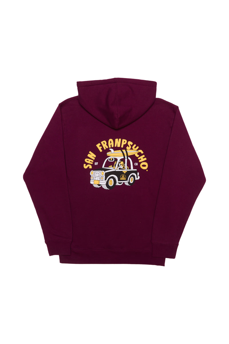 The Surf Trip Pullover Hoodie in maroon features a hand-printed cartoon taxi graphic with San Franspsycho text on the back, making it perfect for your next surf trip.
