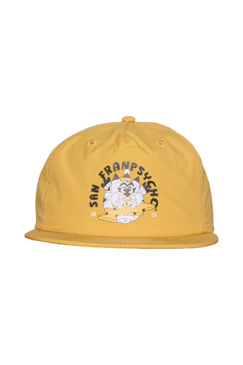 The Lightning Cat Hat in classic fit yellow features San Franpsycho and a graphic of a creature with a surfboard and coffee, complete with an adjustable back for comfort.