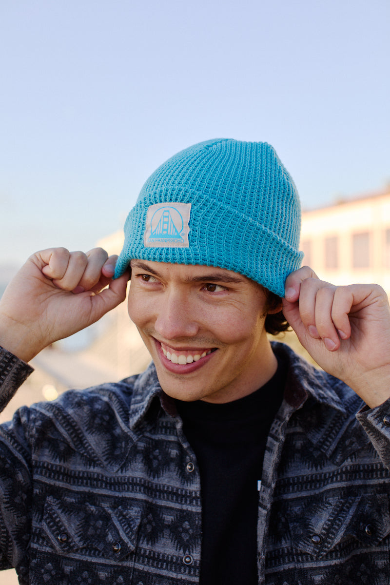 Cyan Waffle Beanie w/ Natural/ Blue Logo – San Franpsycho