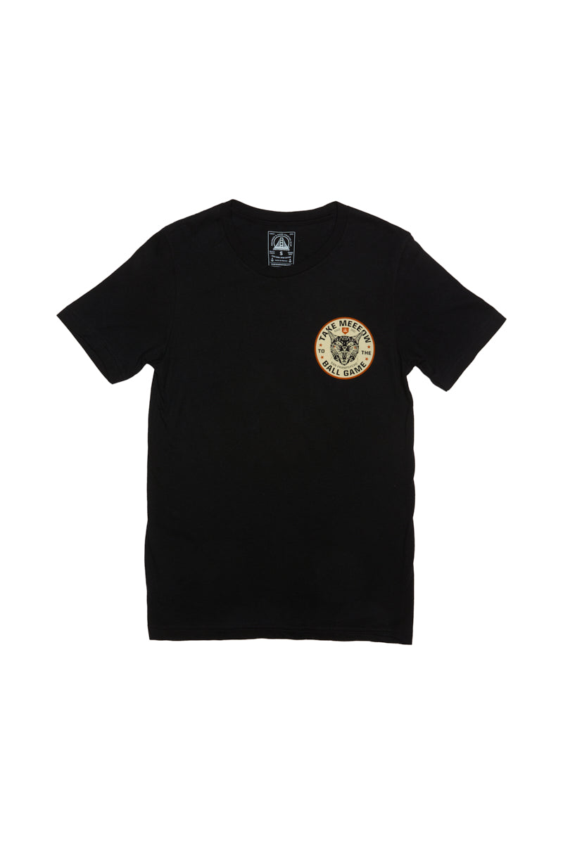Check out the Black Take Meeeow Tee featuring a circular graphic logo on the left chest and a hand-printed black and orange pride design.