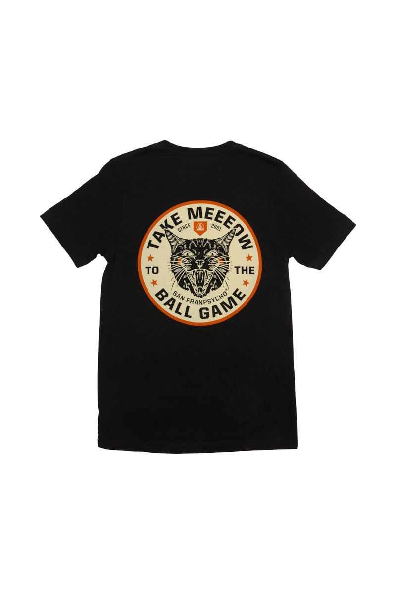 Introducing the hand-printed Black Take Meeeow Tee, a stylish black t-shirt with a cat and baseball design, featuring the playful slogan, Take Meow to the Ball Game, San Francisco. Ideal for any fan looking to embrace their black & orange pride!.