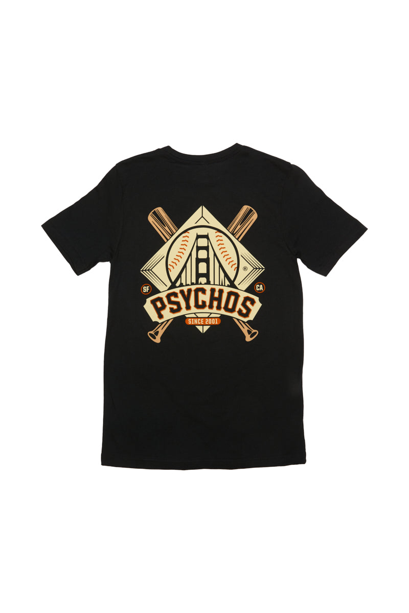 Display your black & orange pride with the Psychos Logo Tee: a hand-printed T-shirt from San Francisco featuring a baseball field and bats design on the front and a Psychos logo on the back, blending style with local craftsmanship.