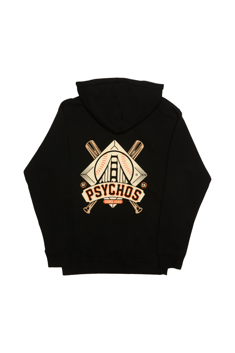 Elevate your sporty look with the black Psychos Logo Pullover Hoodie, a unisex sweatshirt featuring crossed baseball bats and a baseball field graphic on the back labeled Psychos, ideal for adding edge to any San Francisco outing.