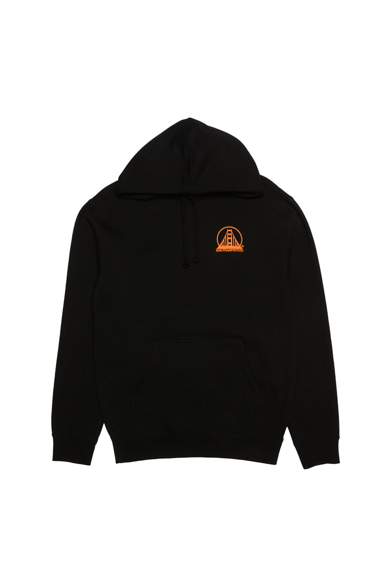 Experience classic style with the Black & Orange Logo Pullover, featuring a chest design of a San Francisco bridge in orange on a black hoodie.