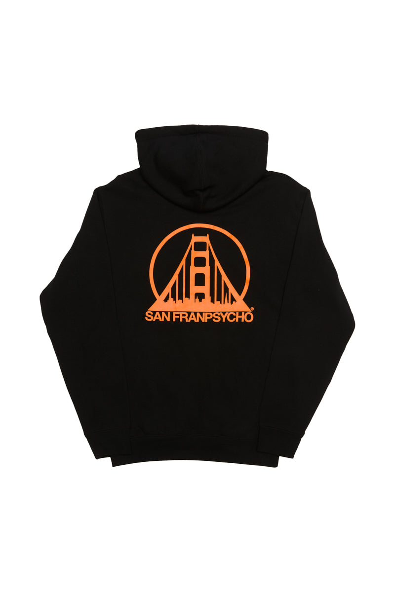 The Black & Orange Logo Pullover features an orange graphic of a bridge and the SAN FRANPSYCHO classic logo on the back, encapsulating San Franciscos vibrant essence.