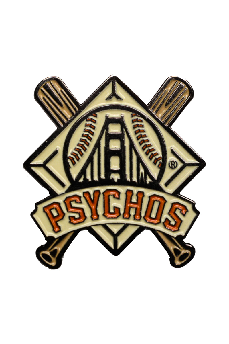 Introducing the Psychos Logo Pin, featuring a baseball-themed design with a bridge, two bats, and bold black & orange PSYCHOS text—ideal for custom or enamel pins to display team spirit.