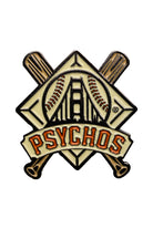 Introducing the Psychos Logo Pin, featuring a baseball-themed design with a bridge, two bats, and bold black & orange PSYCHOS text—ideal for custom or enamel pins to display team spirit.