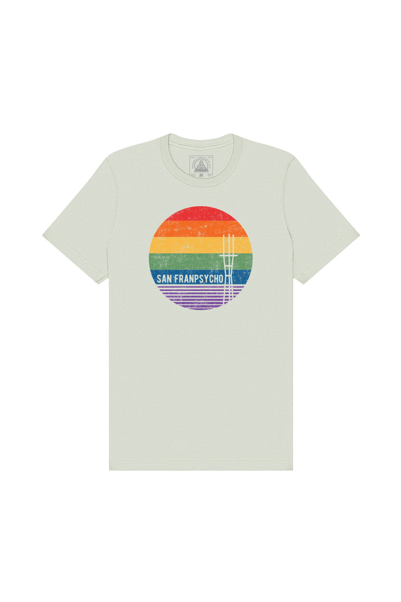 The Rainbow Sutro Tee is a light grey unisex shirt featuring a rainbow circle and San Franpsycho text, inspired by the vibrant spirit of the SF LGBT Center.