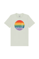 The Rainbow Sutro Tee is a light grey unisex shirt featuring a rainbow circle and San Franpsycho text, inspired by the vibrant spirit of the SF LGBT Center.