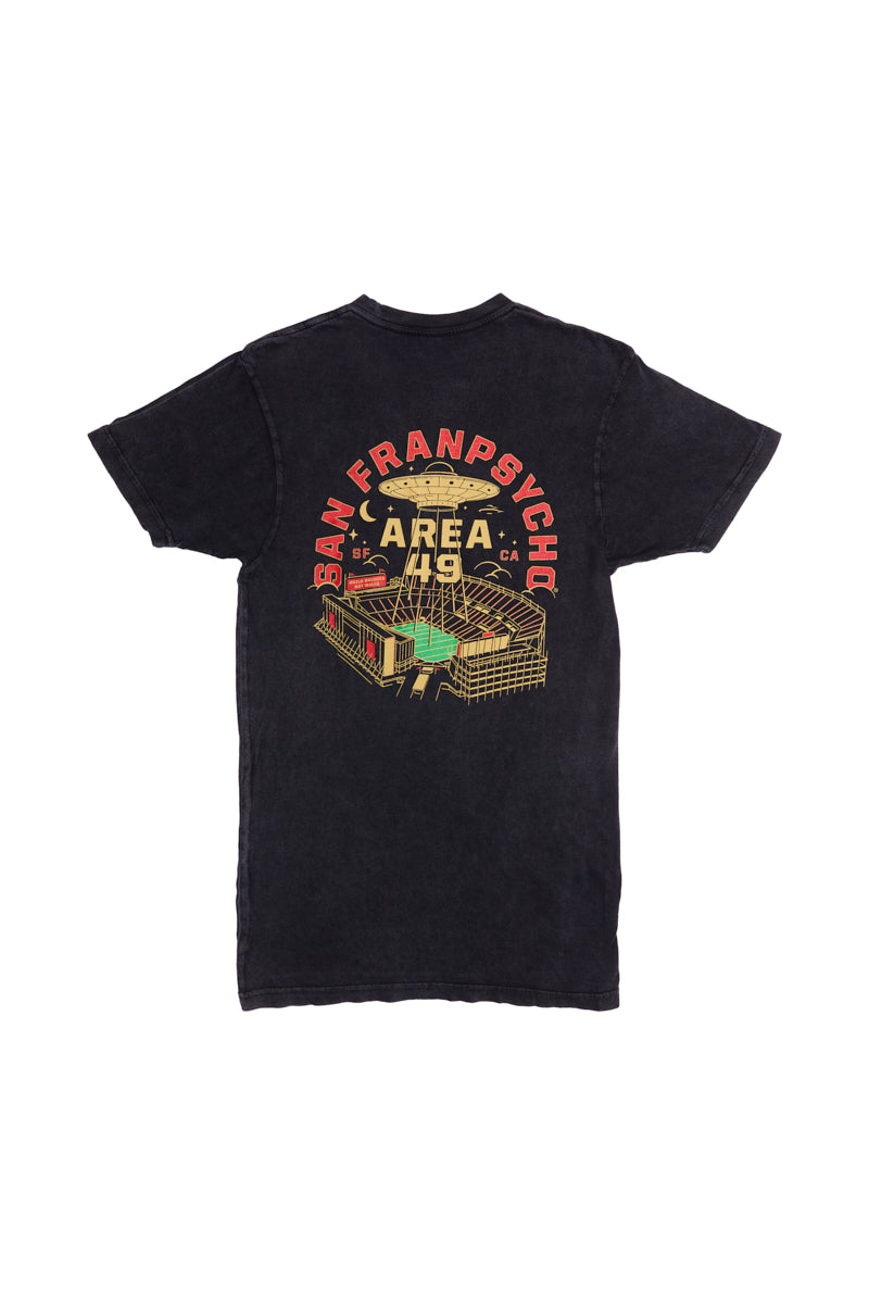 The Area 49 Tee is a black T-shirt made from 100% ring spun cotton, featuring a colorful graphic and San Franpsycho and Area 49 text on the back—a vintage-inspired design with standout appeal.