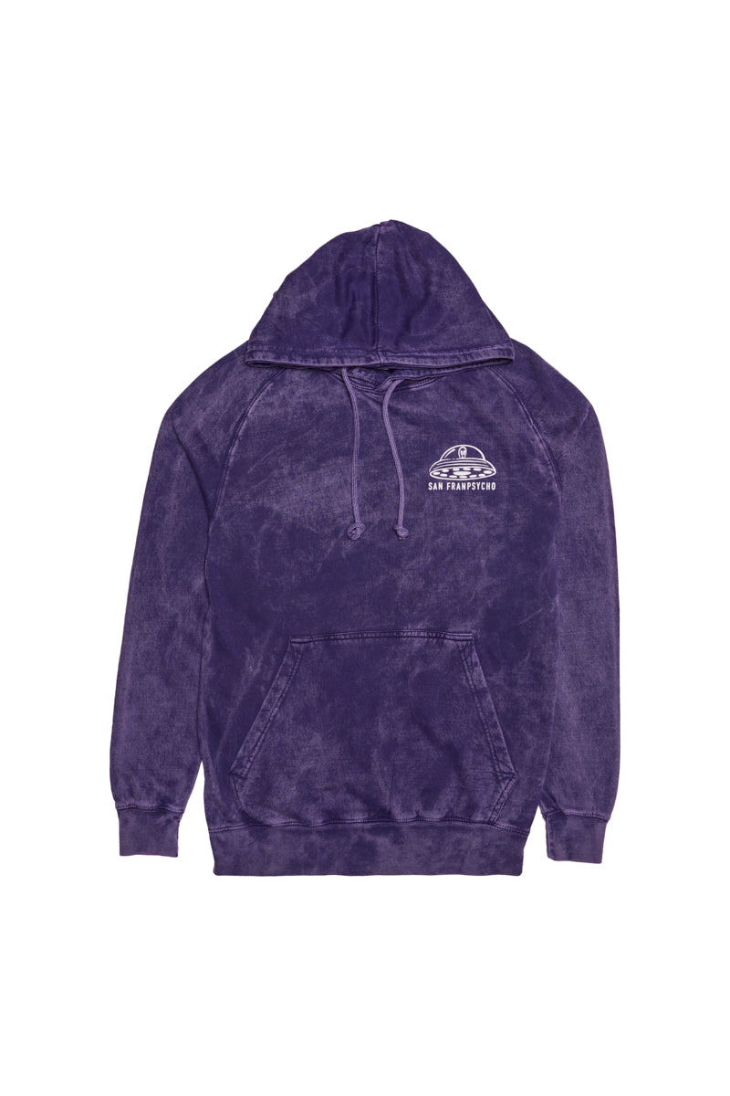 The Psycho Invader Pullover Hoodie features a purple tie-dye design, front pocket, and “San Francisco” text with a UFO graphic on the left chest—a unique space-inspired hoodie for standout style.