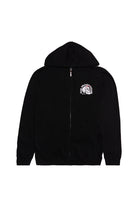 The Shroom Skull Zip-Up Hoodie features a black design with a small white hand-printed graphic and San Francisco text on the left chest, offering unique style and comfort for your wardrobe.