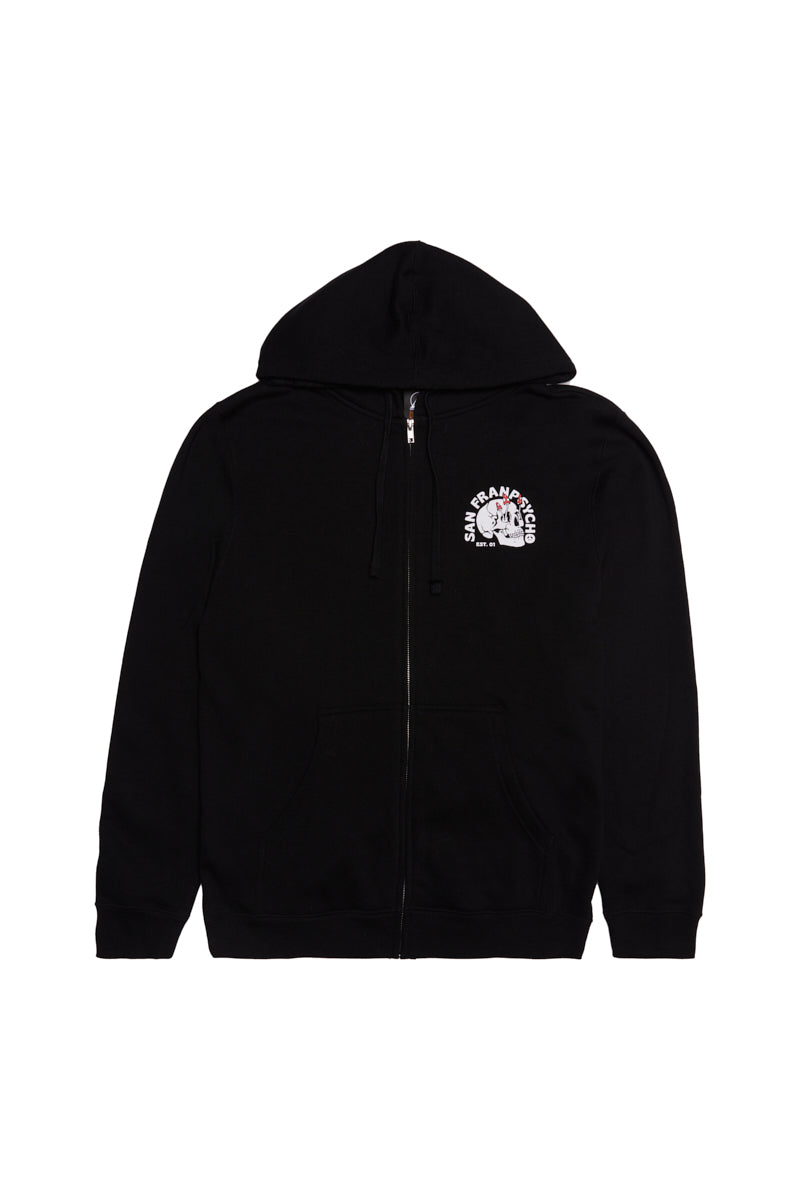 The Shroom Skull Zip-Up Hoodie features a black design with a small white hand-printed graphic and San Francisco text on the left chest, offering unique style and comfort for your wardrobe.