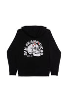 The Shroom Skull Zip-Up Hoodie is a black hand-printed zip-up featuring a Shroom Skull graphic and San Franpsycho EST. 01 text on the back.