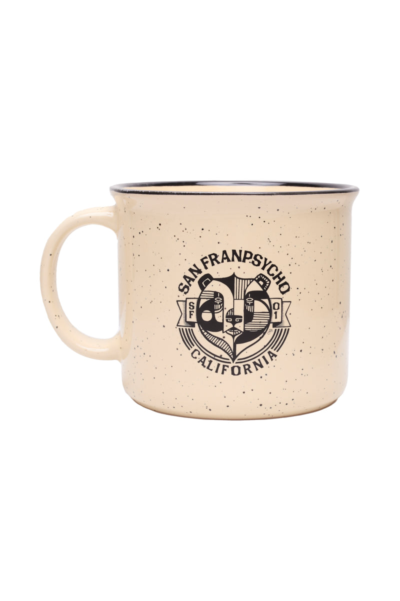 The Bear Essentials Mug is a beige speckled ceramic mug with a bear and San Franpsycho California logo—ideal for sipping coffee with West Coast style.