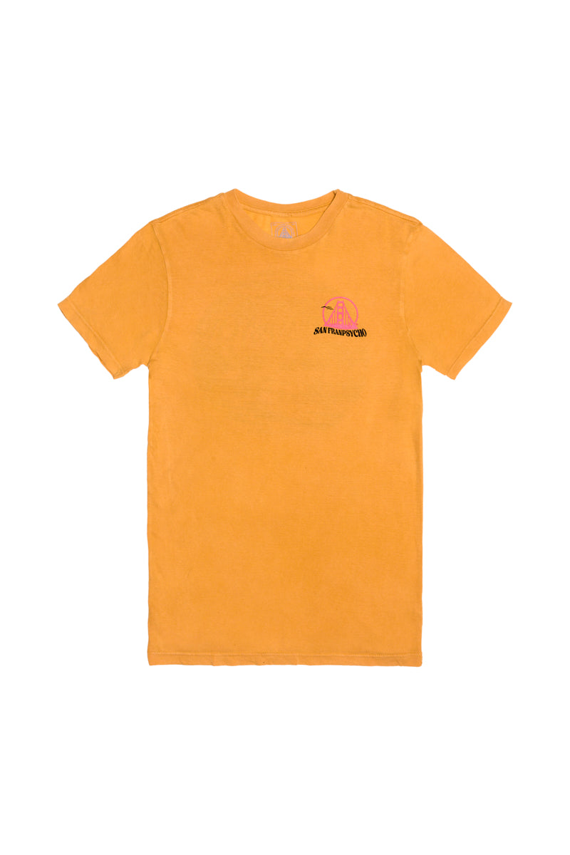 The Kelly's Cove Tee is a yellow short-sleeve shirt featuring a small pink and black graphic on the left chest, ideal for capturing coastal city vibes.