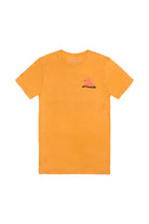 The Kelly's Cove Tee is a yellow short-sleeve shirt featuring a small pink and black graphic on the left chest, ideal for capturing coastal city vibes.