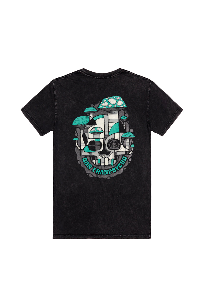 The Mind Bloom Tee is a black mineral wash shirt with a vibrant abstract skull and mushroom graphic by Erik Abel, plus bold San Franpsycho text on the back.