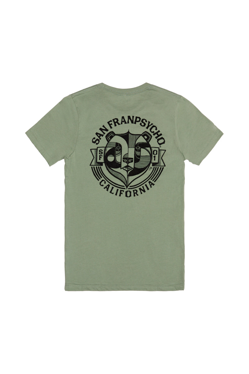 The Bear Essentials Tee features a black graphic logo and "San Franpsycho California" text on the back, capturing California bear style and San Francisco vibes in sage green.