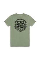 The Bear Essentials Tee features a black graphic logo and "San Franpsycho California" text on the back, capturing California bear style and San Francisco vibes in sage green.