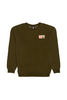 The Elemental Crewneck is an olive green San Francisco sweatshirt featuring two small embroidered patches on the left chest, made from 100% cotton and displayed on a white background.
